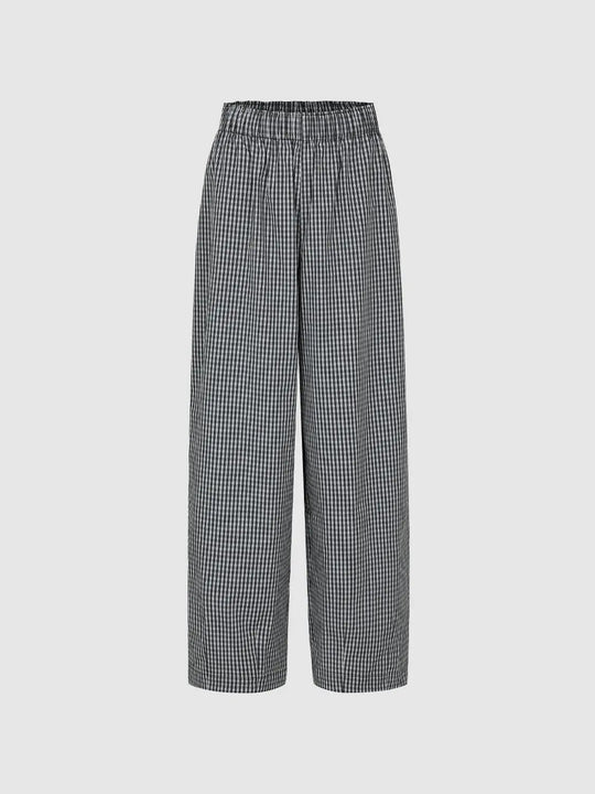Cotton Stretch Checkered High Waist Wide Leg Pants