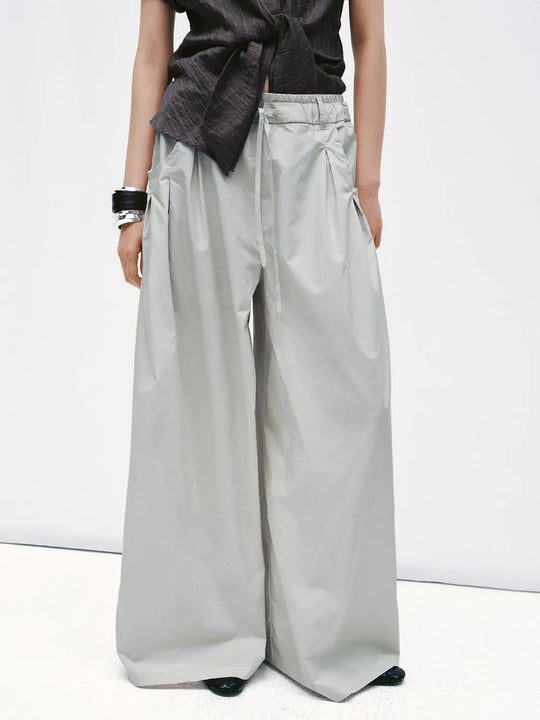Drawstring Pleat Detail Wide Leg Pants With Slight Stretch