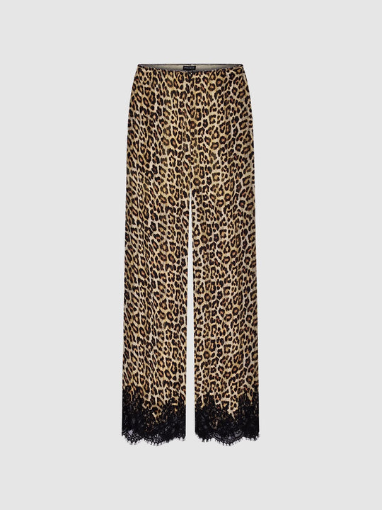 Lace Trim Leopard Print Wide Leg Pants