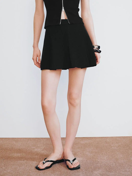 Pleat Detail Tailored Black A-Line Skirt