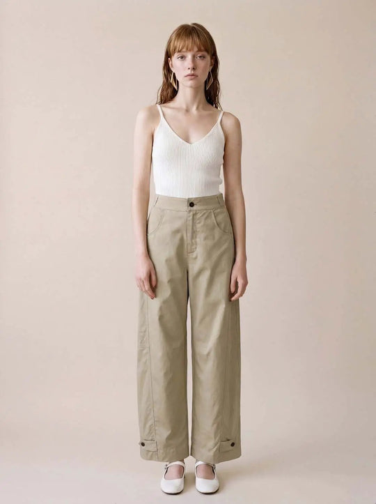 Stretch High Waist Beige Cotton Modal Blend Fabric Wide Leg Pants