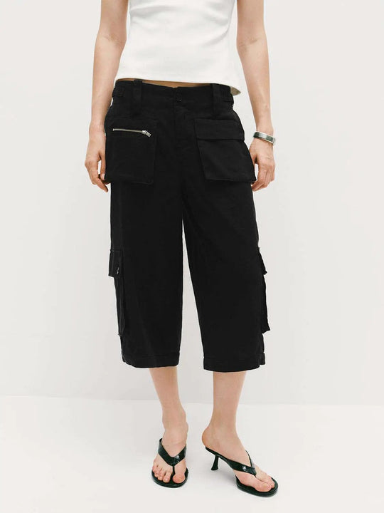Linen Zippered Pockets Belt Loops Cargo Pants