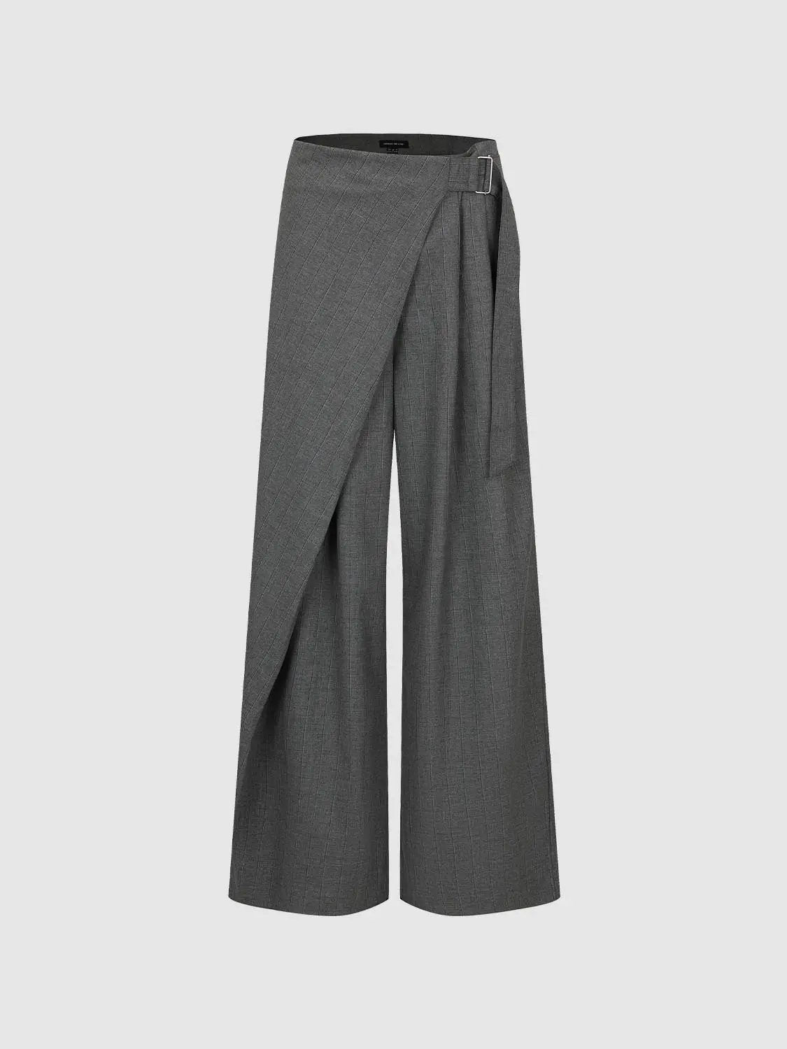 Wide-leg gray pinstripe pants with wrap-front and metal buckle by Urban Revivo Fashion.