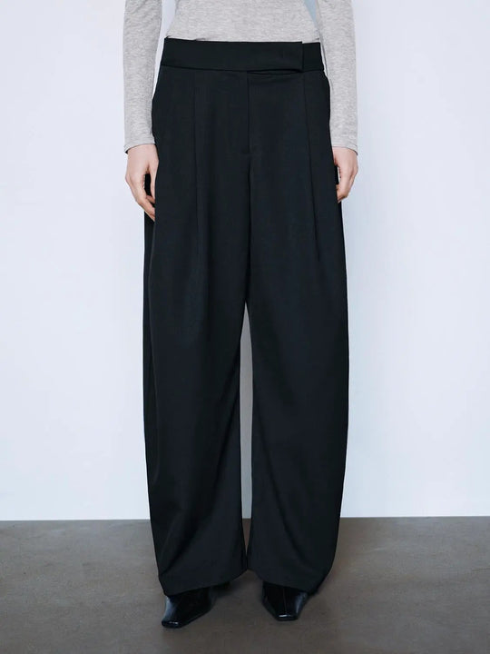 Solid Pleated High-Waisted Curved Leg Pants