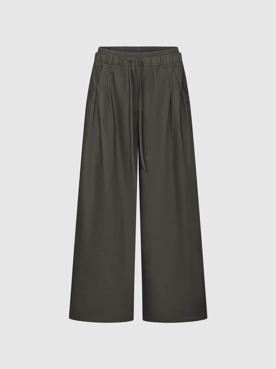プリーツドローストリングウエストコットンワイドレッグパンツ