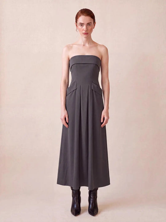 Strapless Bandeau Pleated Stretch A-Line Maxi Dress