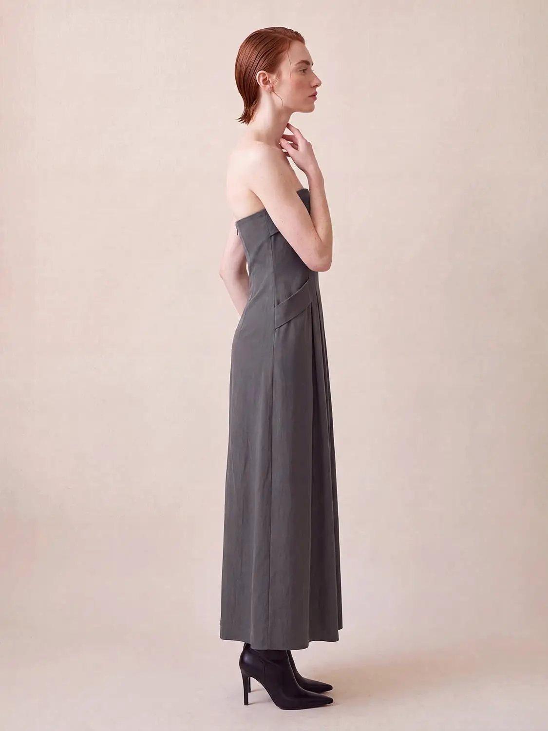 Strapless Bandeau Pleated Stretch A-Line Maxi Dress, gray fabric, Urban Revivo Fashion