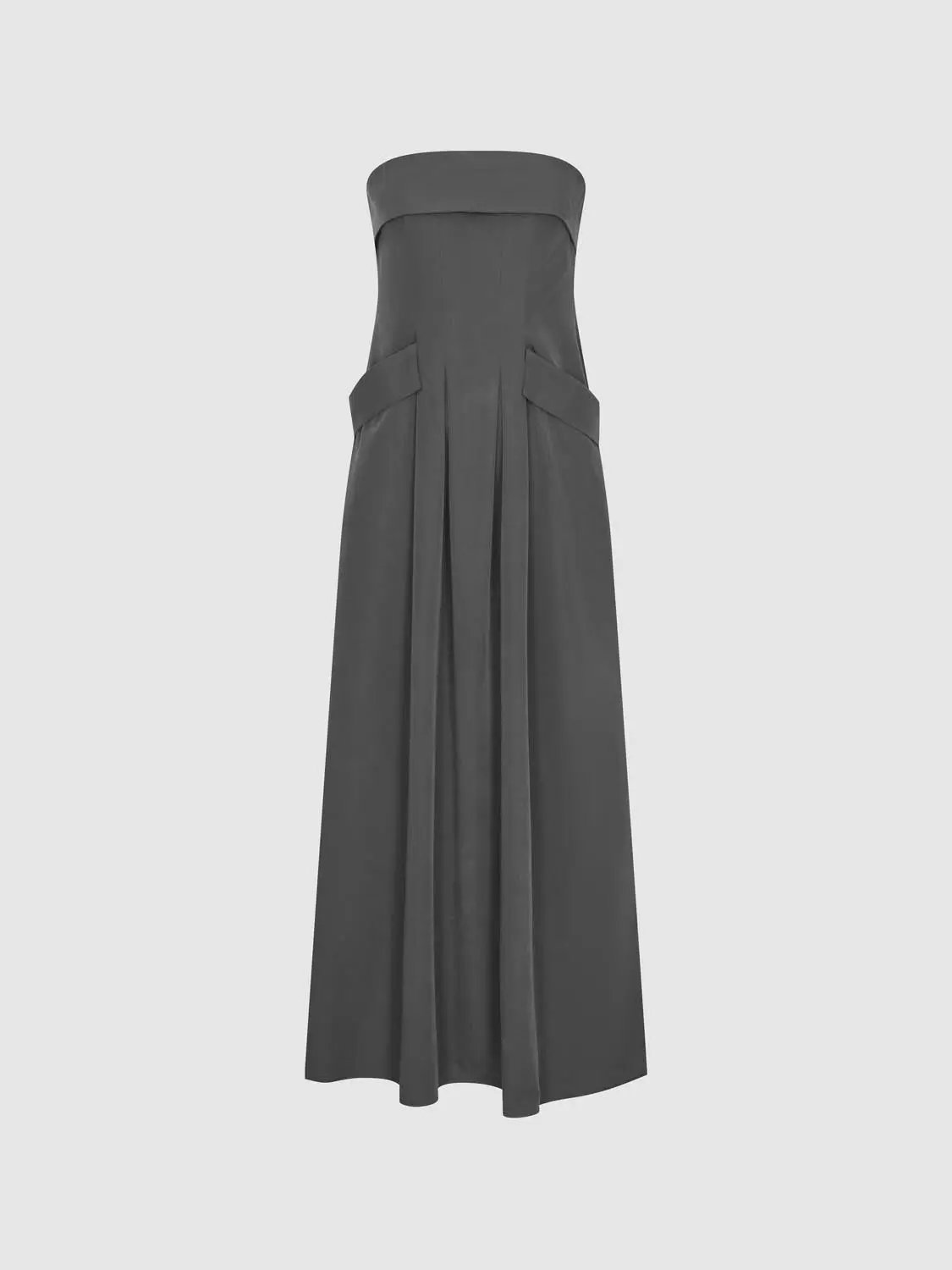 Strapless Bandeau Pleated Stretch A-Line Maxi Dress by Urban Revivo Fashion, gray