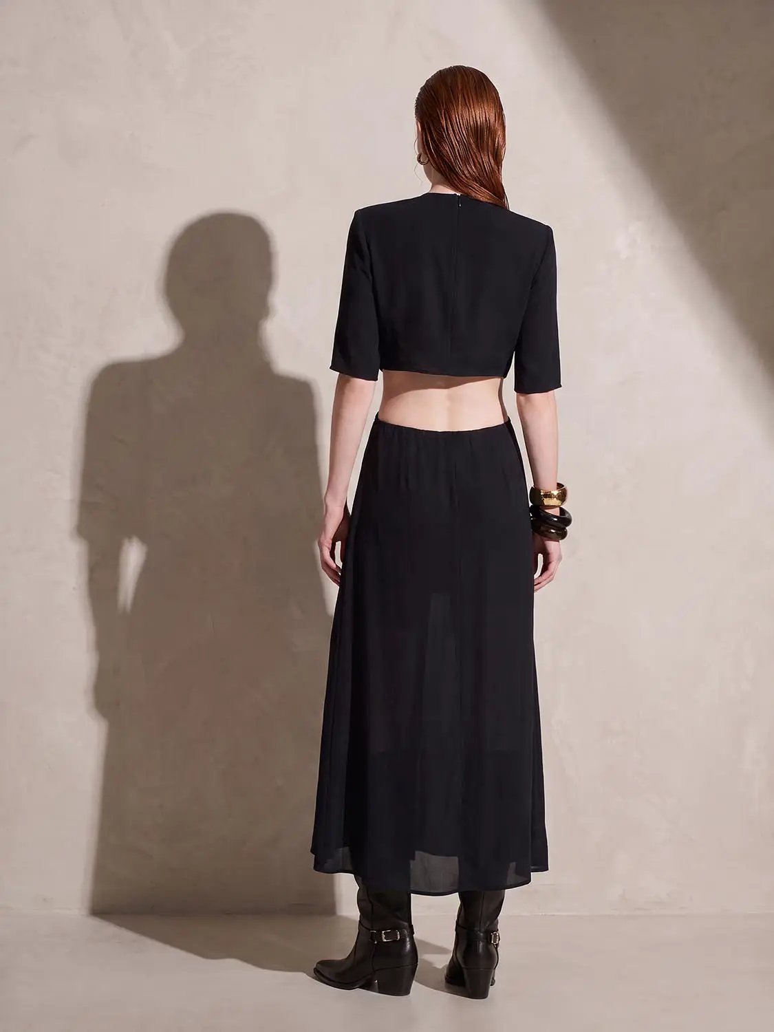 Round Neck Padded Shoulder Cutout Knotted Waist Midi Dress, black, back view