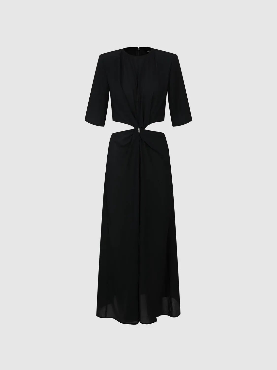 Round Neck Padded Shoulder Cutout Knotted Waist Midi Dress in black by Urban Revivo Fashion