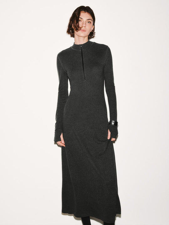 Mock Neck Half Zip A-Line Maxi Dresses