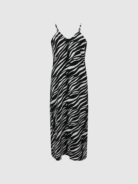 Elegant Zebra Print Viscose Strappy Midi Dress