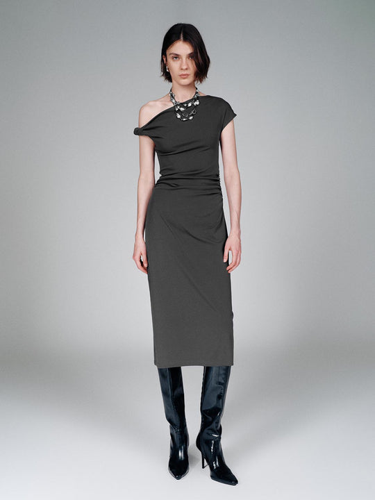 One Shoulder Ruched A-Line Midi Dresses