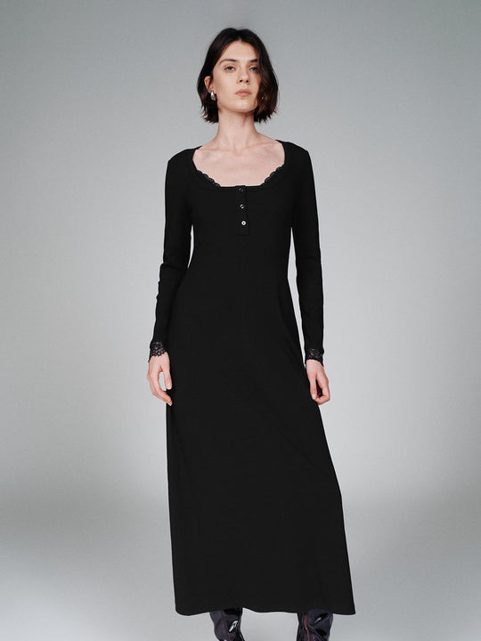 Lace Trim Henley Neck A-Line Midi Dresses