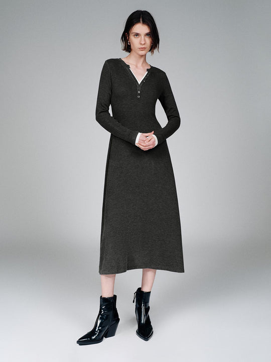 Contrast V-Neck Long Sleeve A-Line Midi Dresses