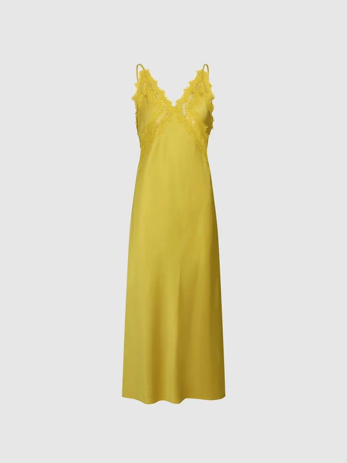 A-Line Dress by Urban Revivo in yellow with lace bodice and thin straps, floor-length.