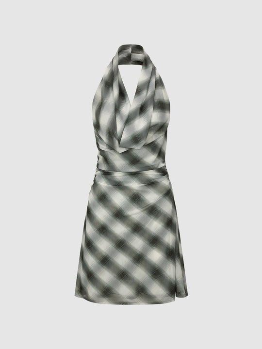 Halter Neck Contrast Check A-Line Midi Dresses