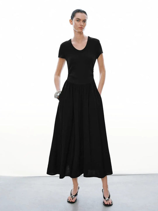 Black Cotton Knit Crew Neck Aline Midi Dress
