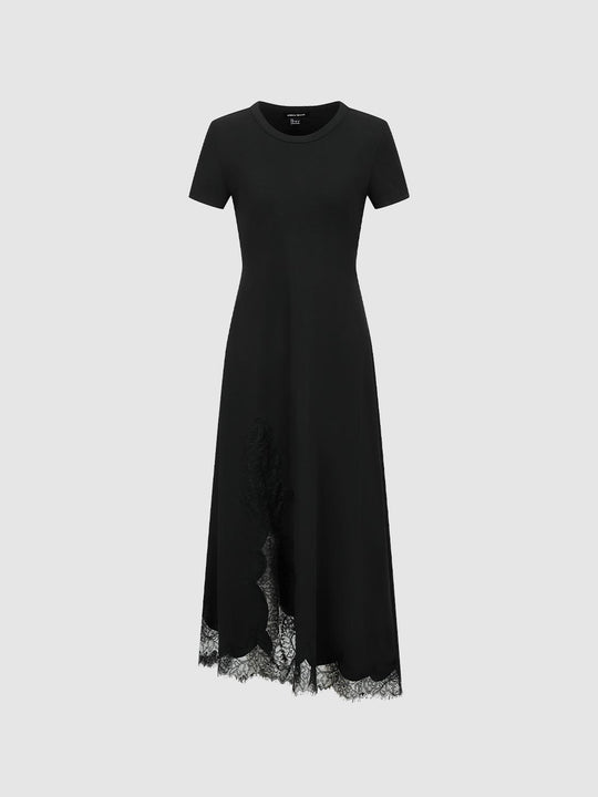 Crew Neck Short Sleeve Lace Trim A-Line Midi Dresses
