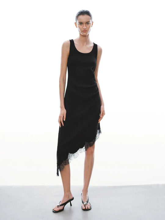 Asymmetric Lace Trim Sleeveless Skinny-Fit Midi Dresses