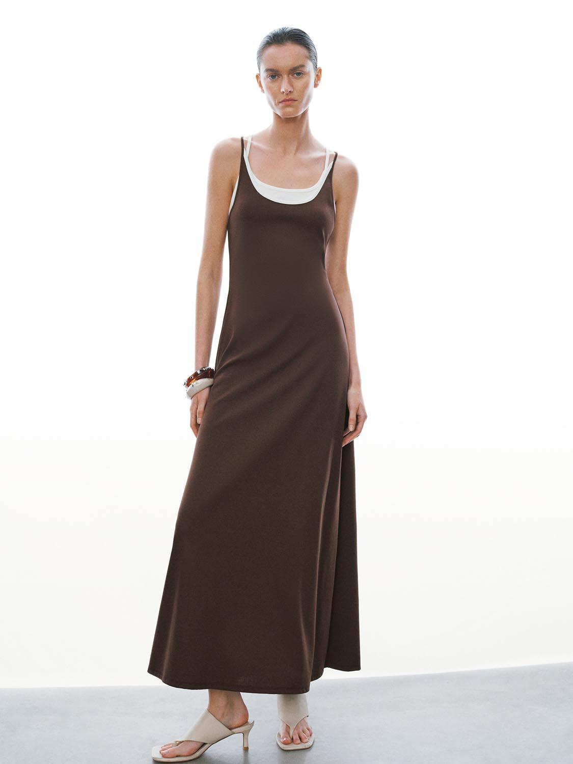 U Neck Strappy Slim Fit Cotton 2-In-1 Maxi Dress