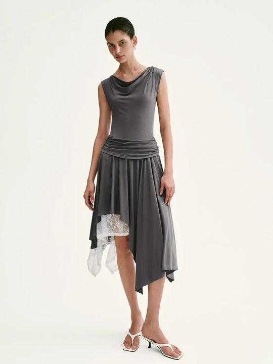 Modal Blend Lace Trim Asymmetric Pleated Midi Dress