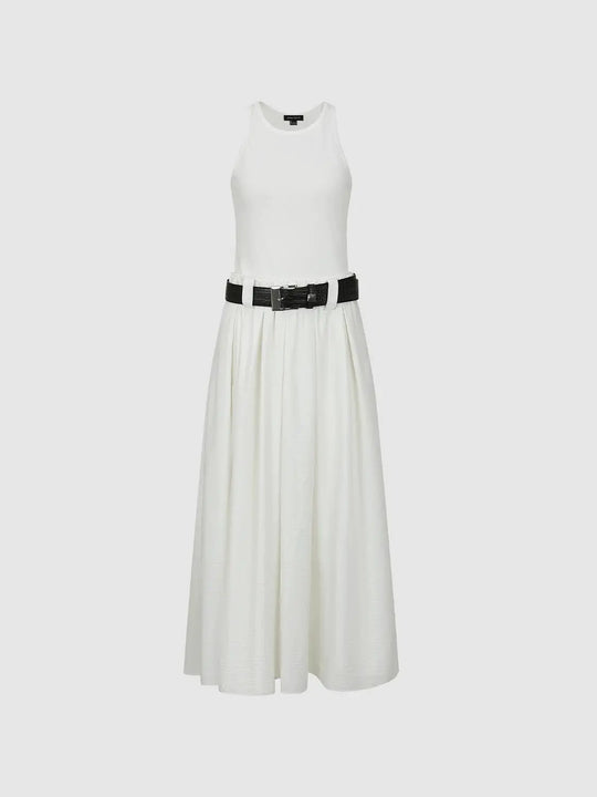 White Crepe Belted Sleeveless Pleated Midi Dresses