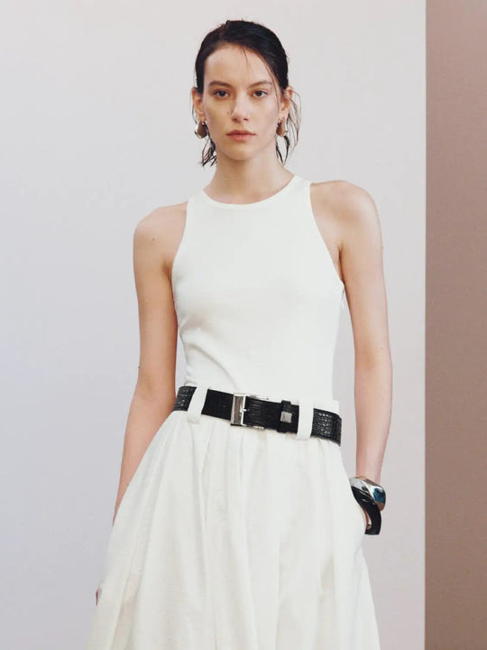White Crepe Belted Sleeveless Pleated Midi Dress