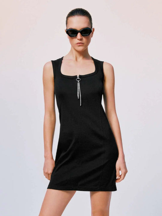 Scoop Neck Stretch Knit Rhinestone Zip Dress