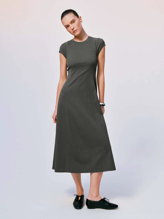 Cotton Olive Green Short Sleeve Aline Midi Dresses