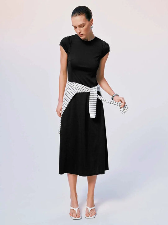 Cotton Black Crew Neck Short Sleeve A Line Midi Belt Dresses