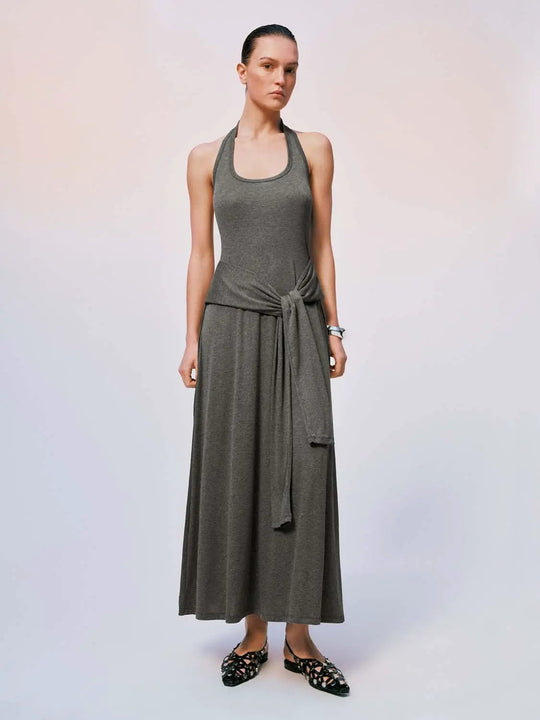 Halter U-Neck Tie-Belt A-Line Jersey Maxi Dresses