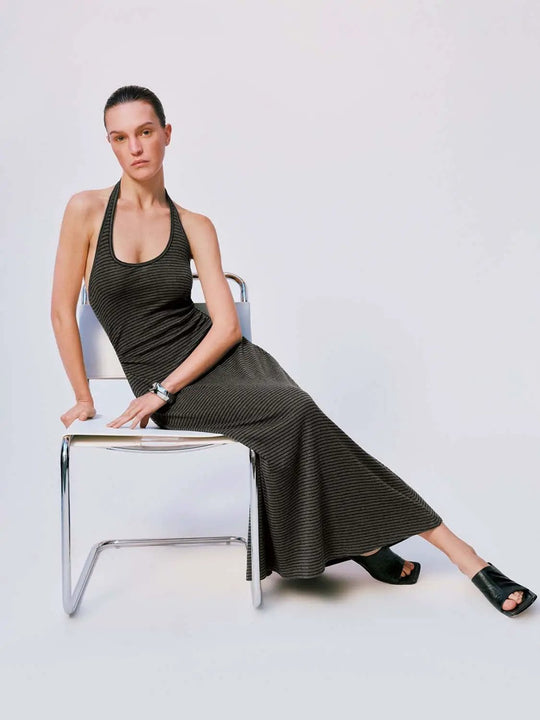 Ribbed Striped Knit Shirred Detail U-Neck Midi Dresses