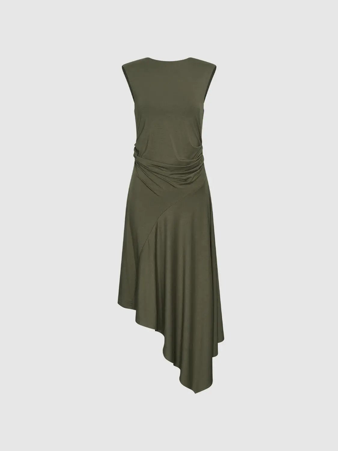 A-Line Dress by Urban Revivo Fashion, olive green sleeveless with draped waist and asymmetric hem