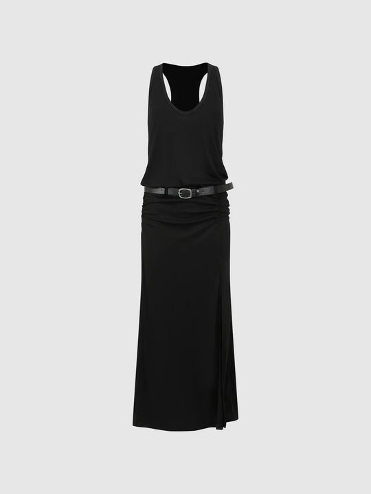 Black Belted Sleeveless Jersey Midi Dresses
