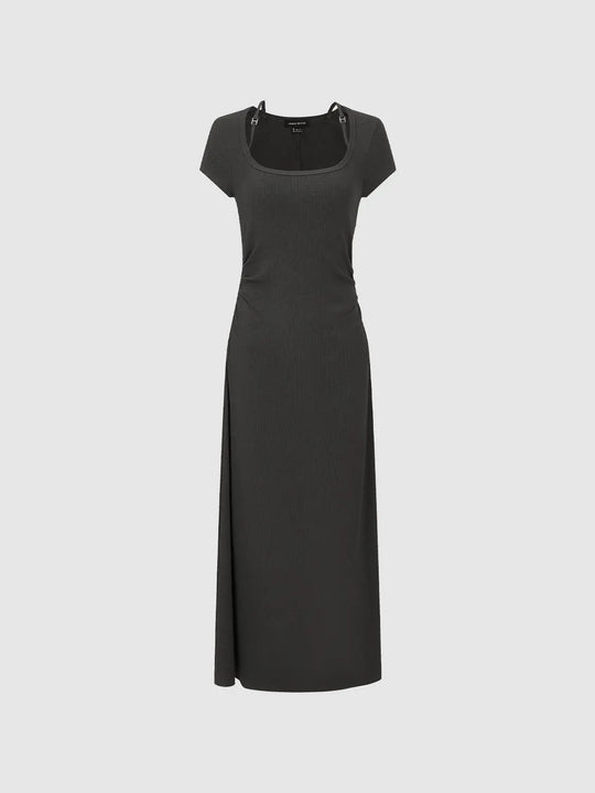 Square Neck Ruched Short Sleeve Stretch Jersey Midi Dresses