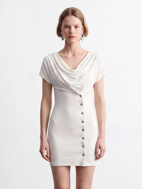 Draped Cowl Neck Button Front Mini Dress