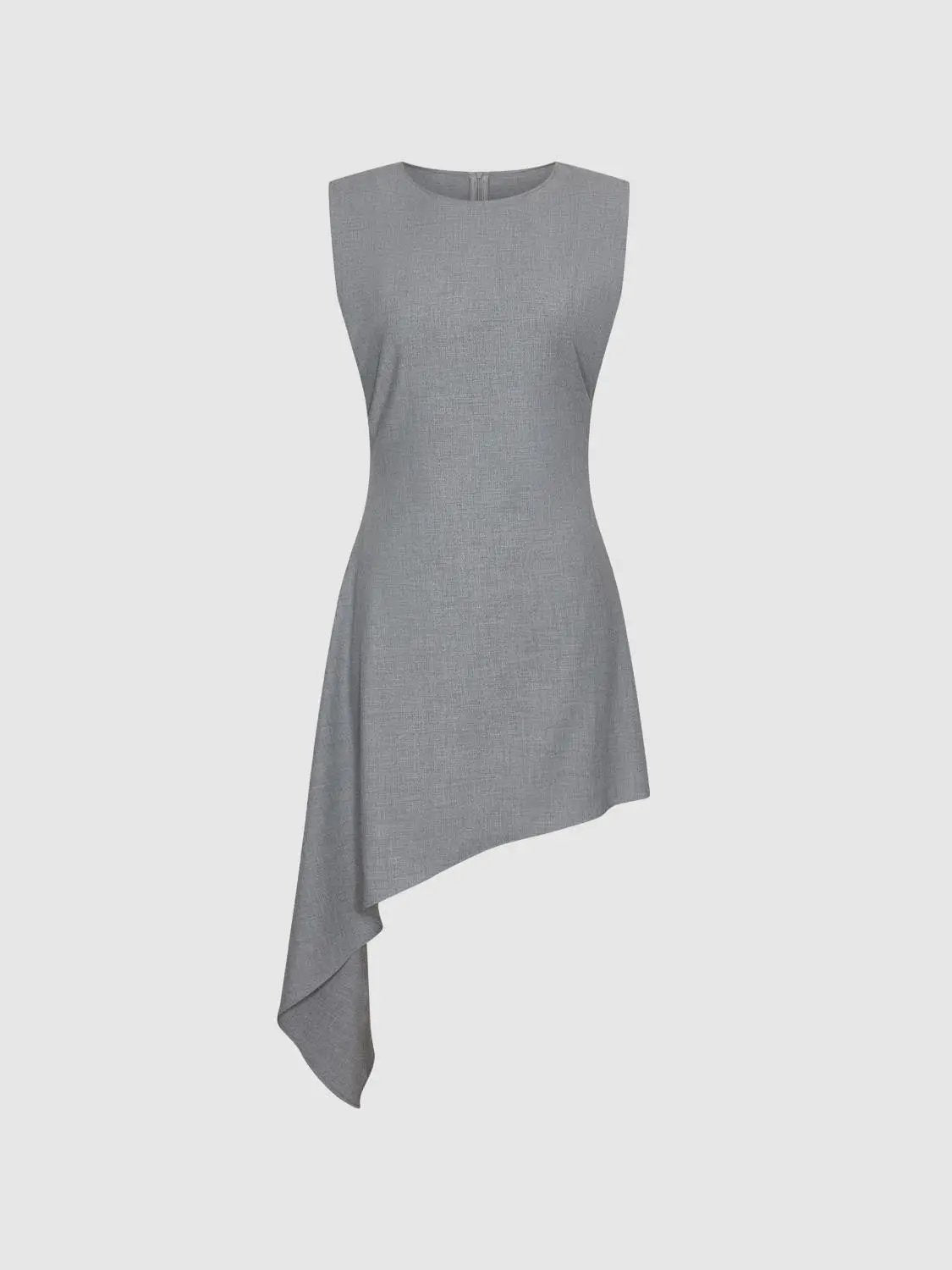 A-Line dress in grey textured fabric, sleeveless with round neckline and asymmetrical hem; Urban Revivo Fashion.