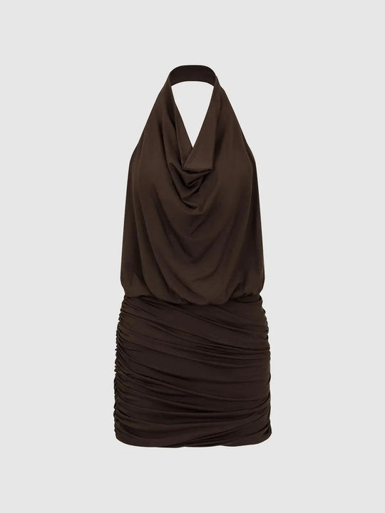 Draped Cowl Neck Ruched Skinny-Fit Sleeveless Midi Dress