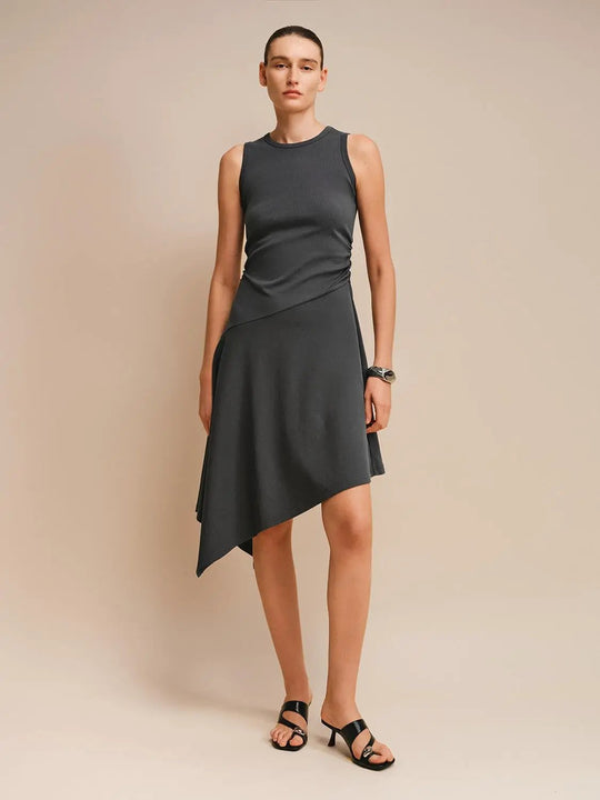 Cotton Polyester Sleeveless Asymmetrical Hem Midi Dress