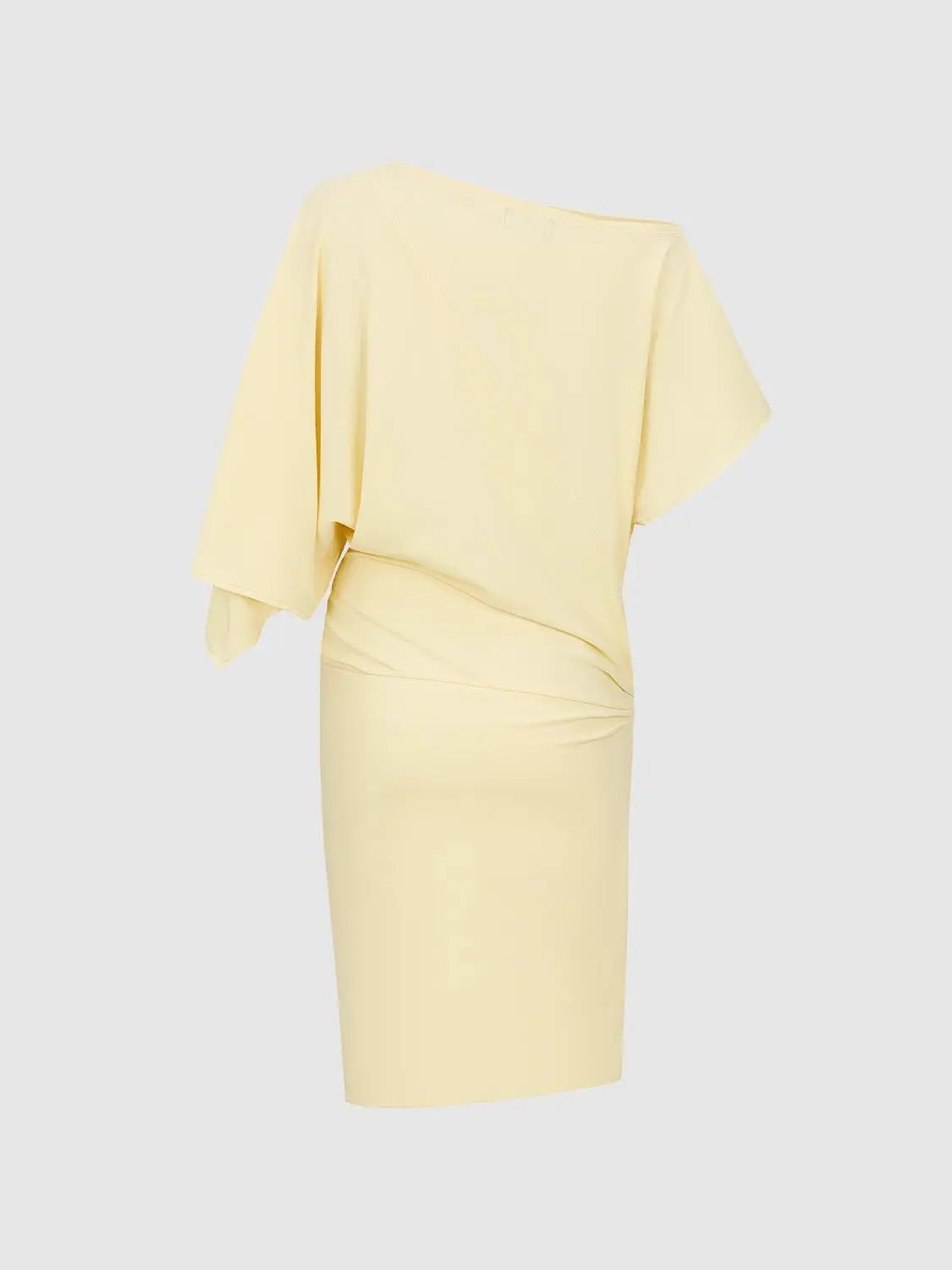 S-Line Dress, pale yellow one-shoulder draped skinny-fit dress with ruched waist
