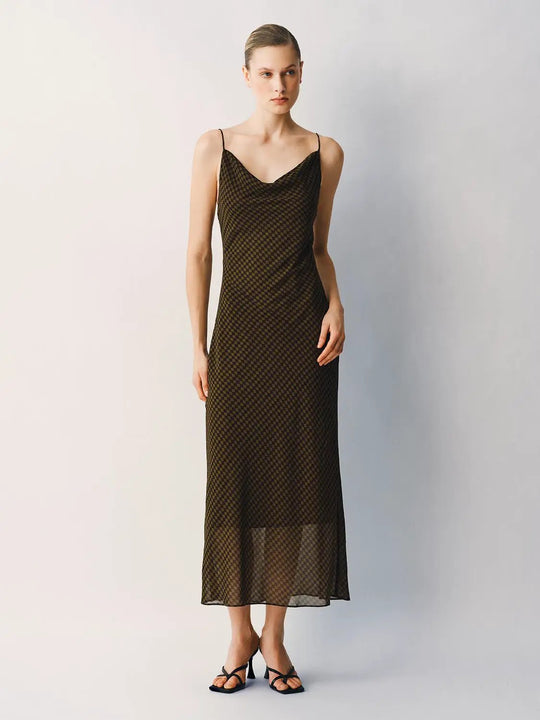 S-line Checked Sheer Spaghetti-Strap Slip Dress