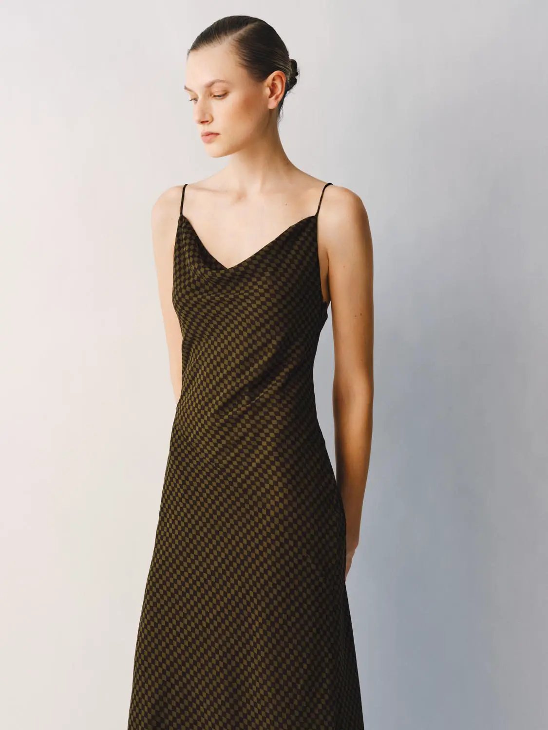 S-line Checked Sheer Spaghetti-Strap Slip Dress in black-and-brown check