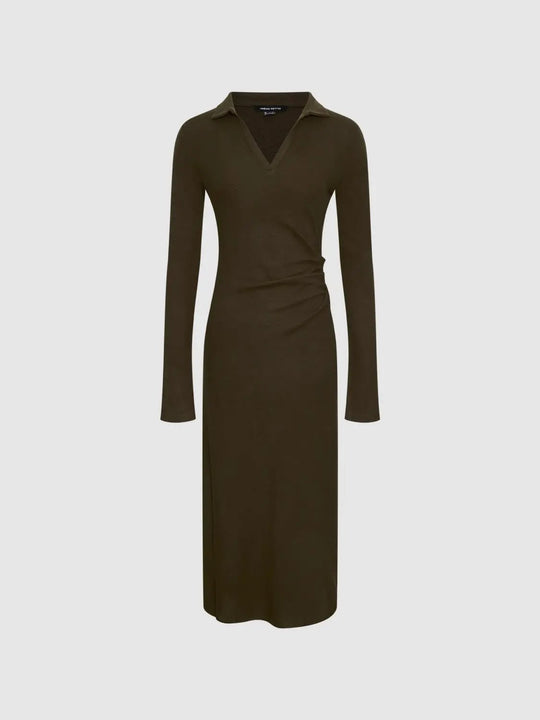 Ruched Fitted Long Sleeve V-neck Shirt Collar Knit Dress