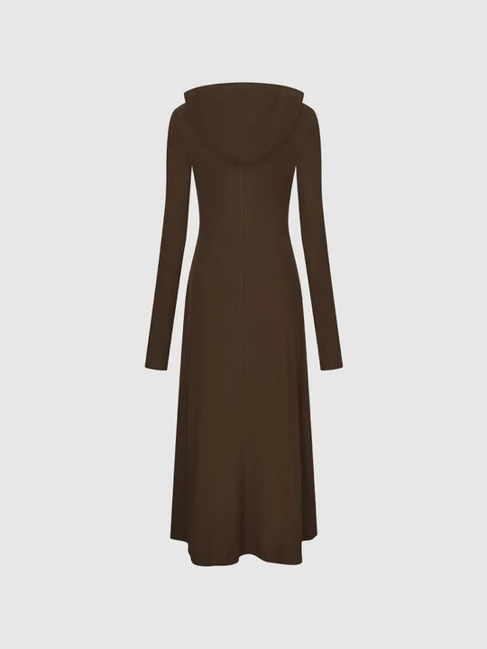 Brown Solid Fitted Mock Neck A-Line Long Sleeve Dress