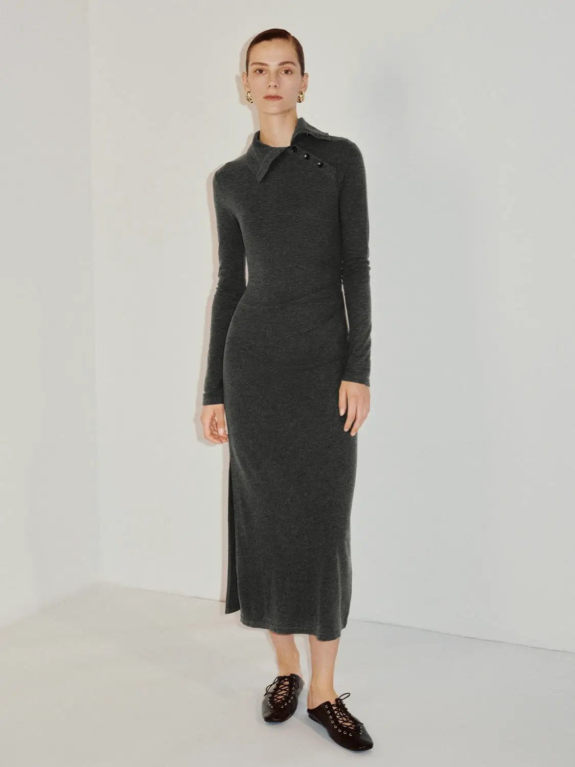S-line Dress, charcoal gray knit, long-sleeve skinny-fit midi dress