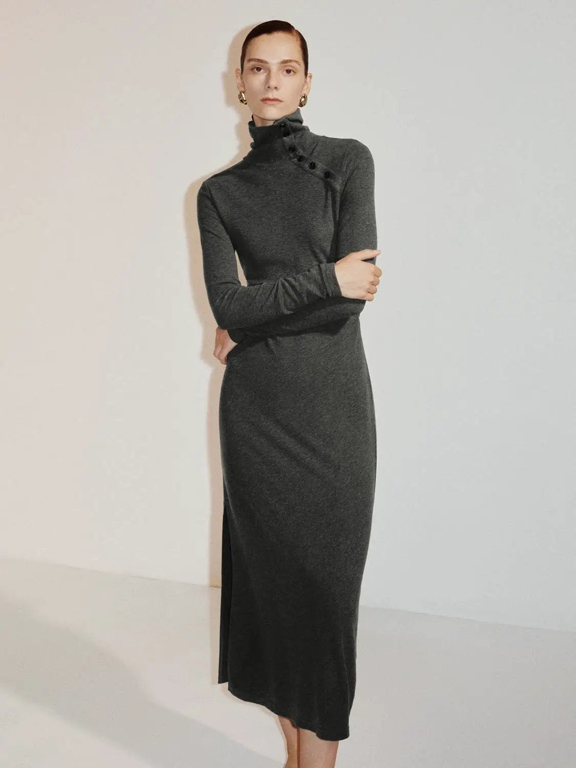 S-line Dress by Urban Revivo Fashion; charcoal grey knit, long-sleeve, high-neck with diagonal button detail.