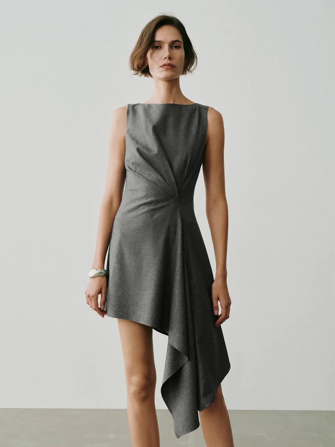 Twisted Checked Asymmetric Hem Sleeveless Mini Dress, grey; A-line silhouette.