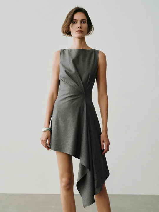 Twisted Checked Asymmetric Hem Sleeveless Mini Dress