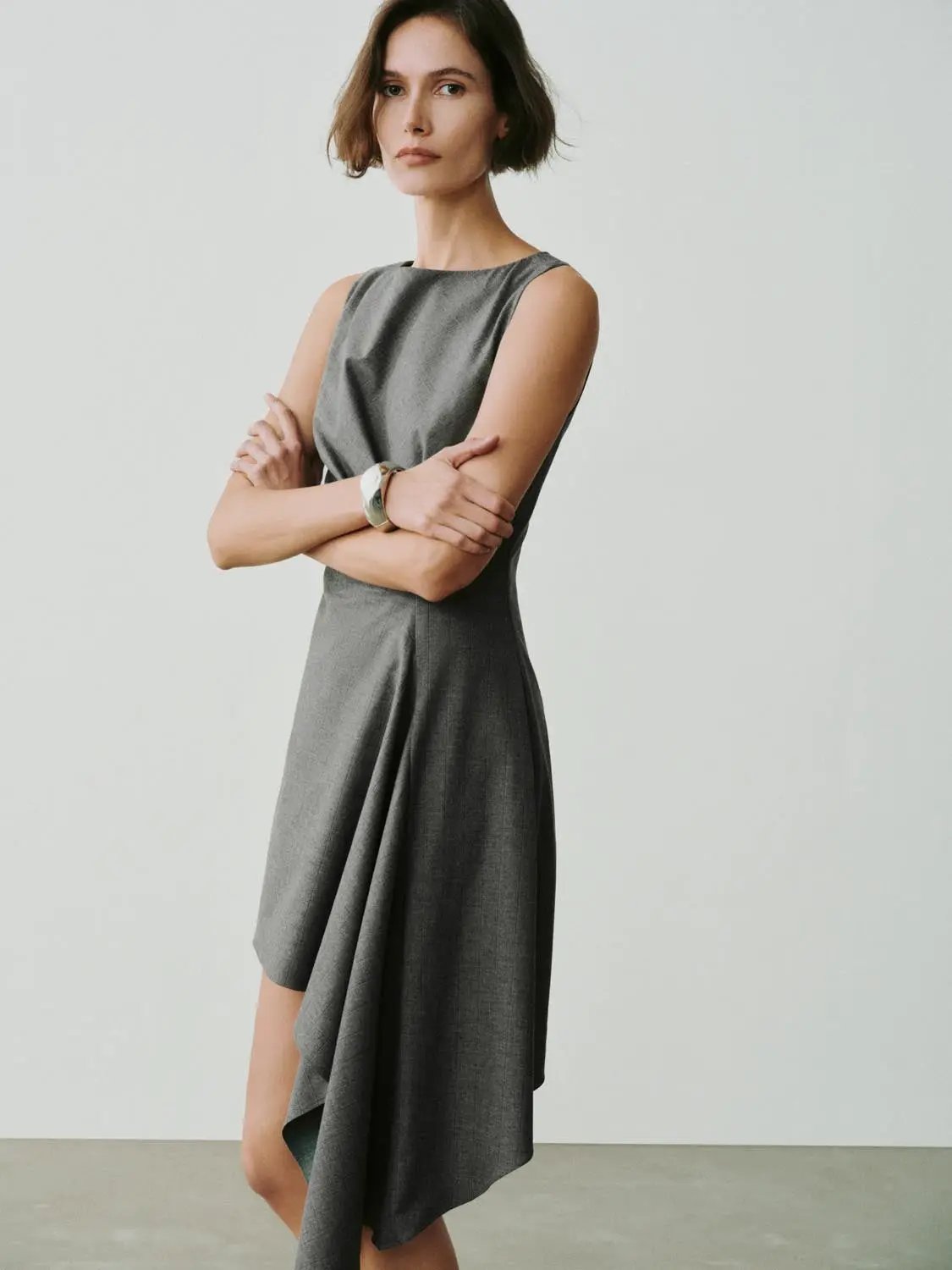 Twisted Checked Asymmetric Hem Sleeveless Mini Dress in grey fabric, Urban Revivo Fashion